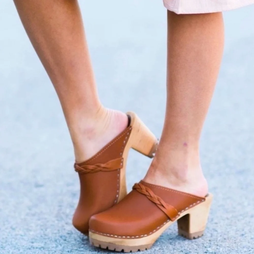 MIA Sweden ELSA Leather Heeled Clogs Mules In Luggage Brown Braided Detail 8 - Picture 14 of 14
